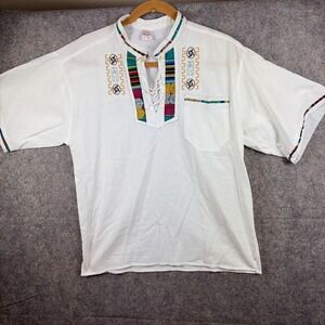 Mexican Men's Shirt White Cotton Multicolor Embroidery Lace-Up Front Size M